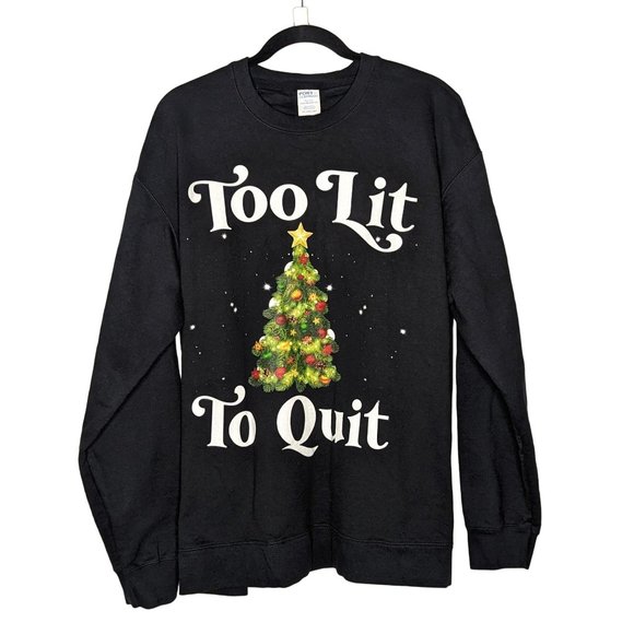 Port & Company TOO LIT TO QUIT long sleeve black Christmas Tree Sweatshirt 2XL‎ - Picture 1 of 6